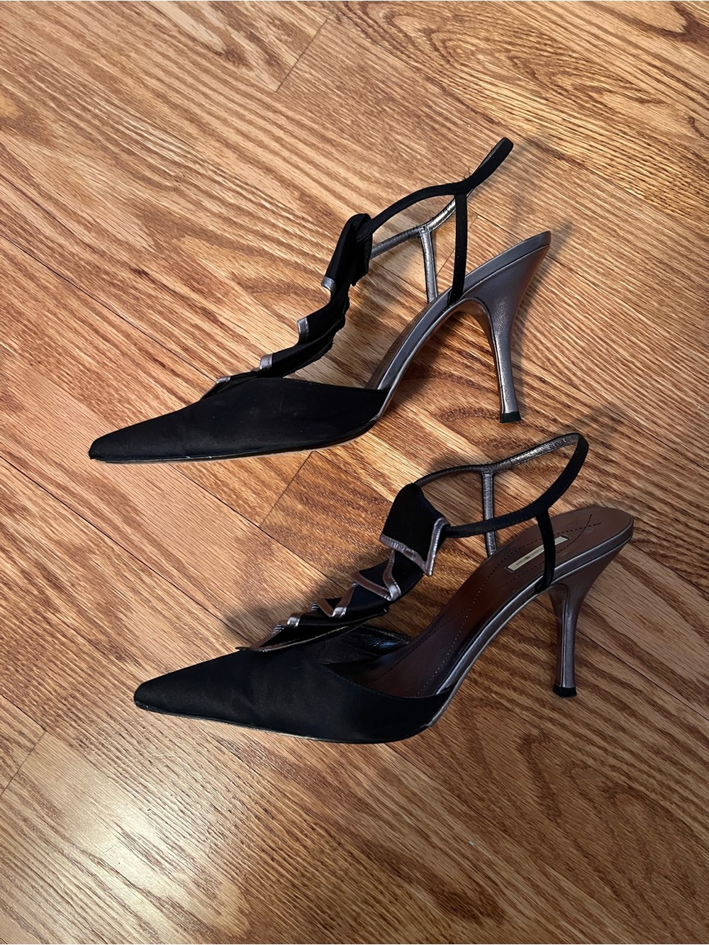 Max Studio Black Satin Pointed Slingback Heels with Silver Leather Accents